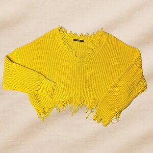 Zaful Yellow Distressed Cropped Sweater – Knit Long Sleeve (Unmarked size)